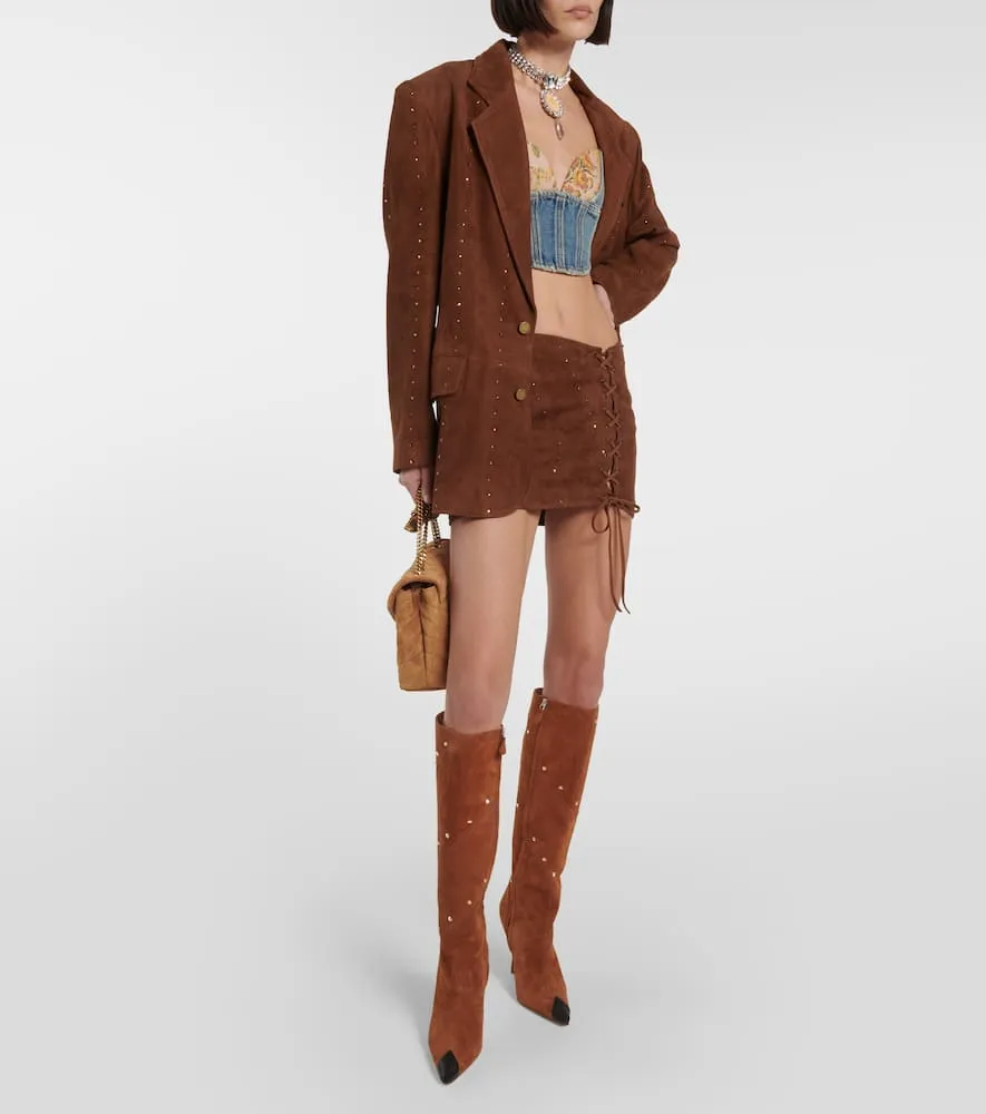 Alessandra Rich Embellished suede knee-high boots