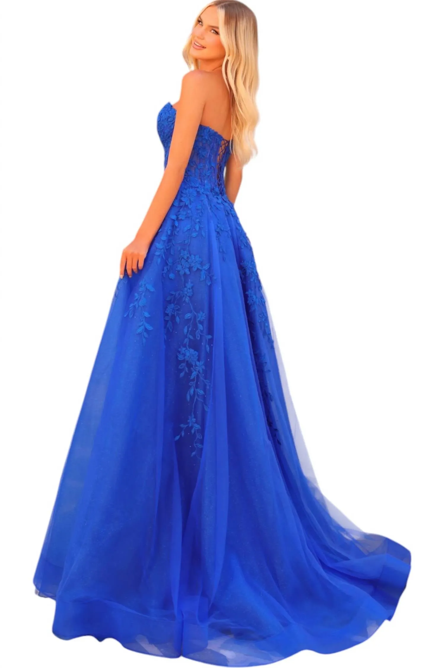 Amarra - Strapless Corset Tulle Appliqué A-line Tie-back Gown