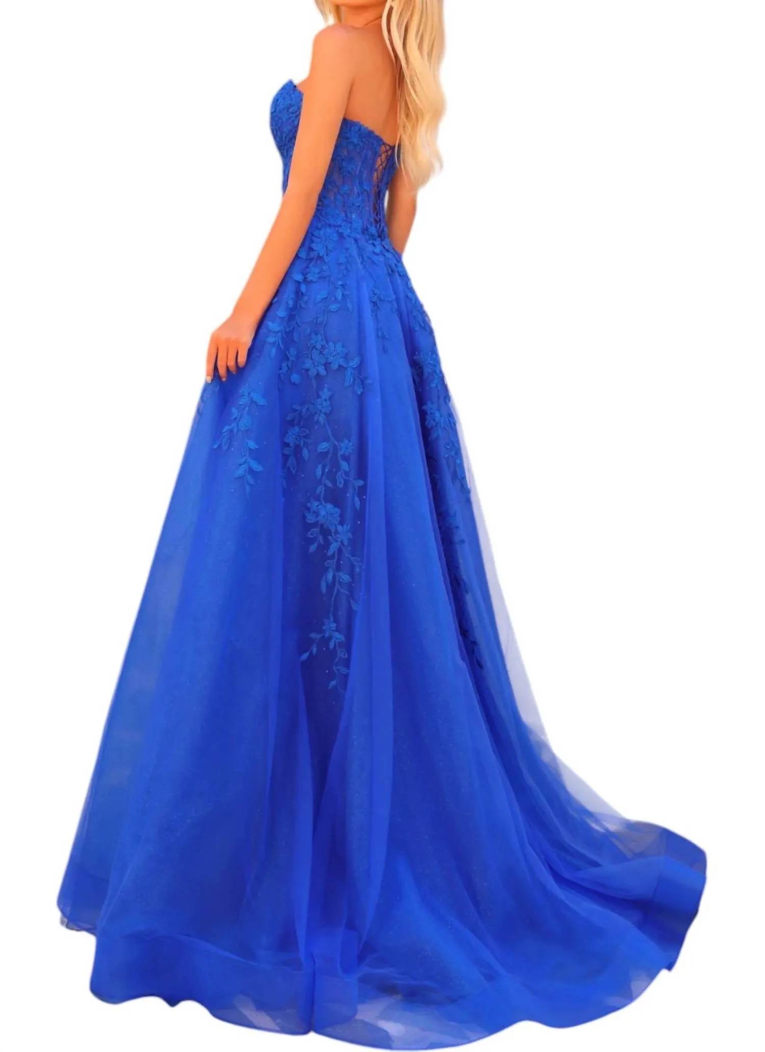 Amarra - Strapless Corset Tulle Appliqué A-line Tie-back Gown