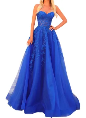 Amarra - Strapless Corset Tulle Appliqué A-line Tie-back Gown