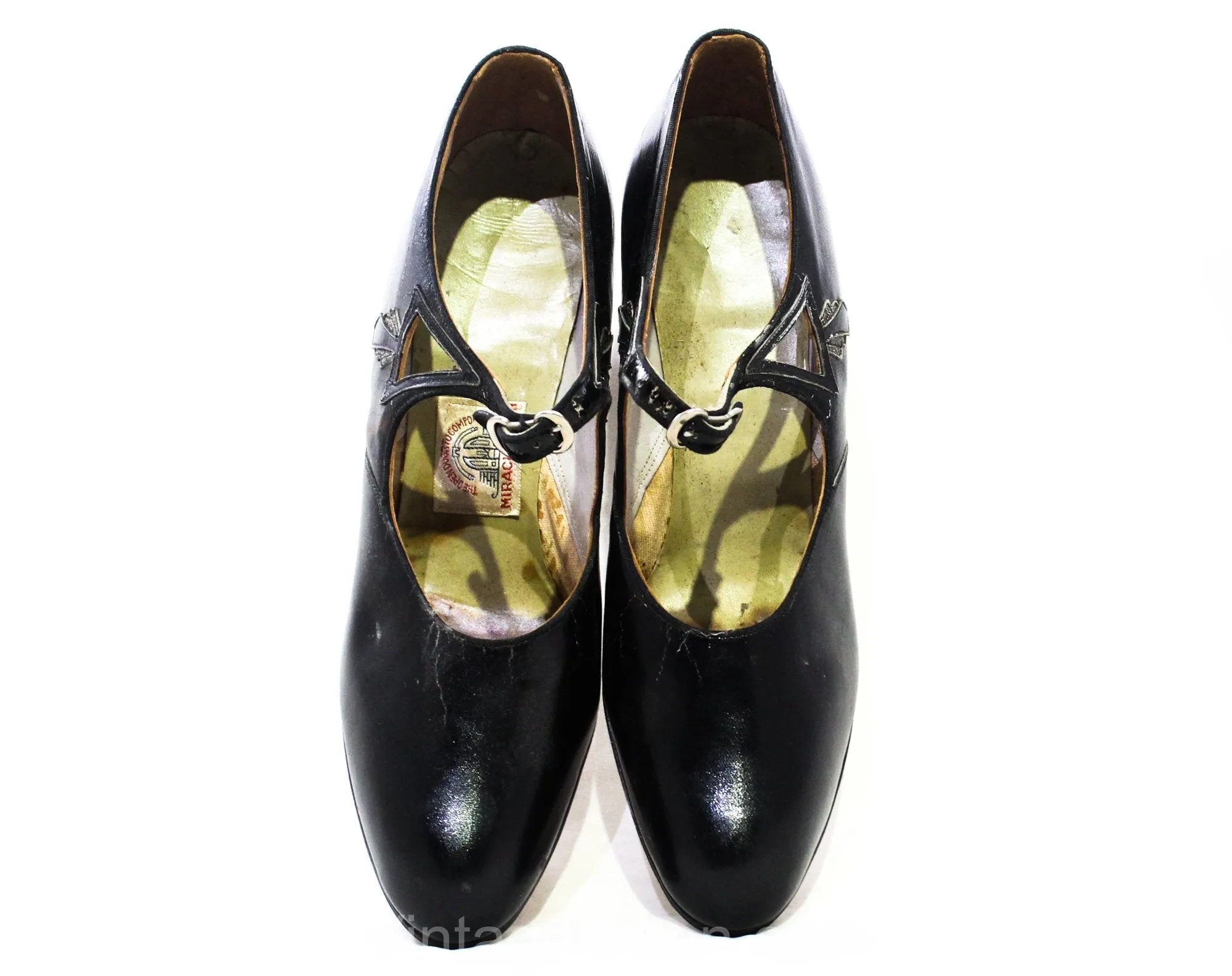 As Is Deco 1920s Shoes with Cutwork - Size 5.5 Authentic 20s 30s Black Leather Pumps - Cutouts & Triangle Open Sides - Rare NOS Deadstock