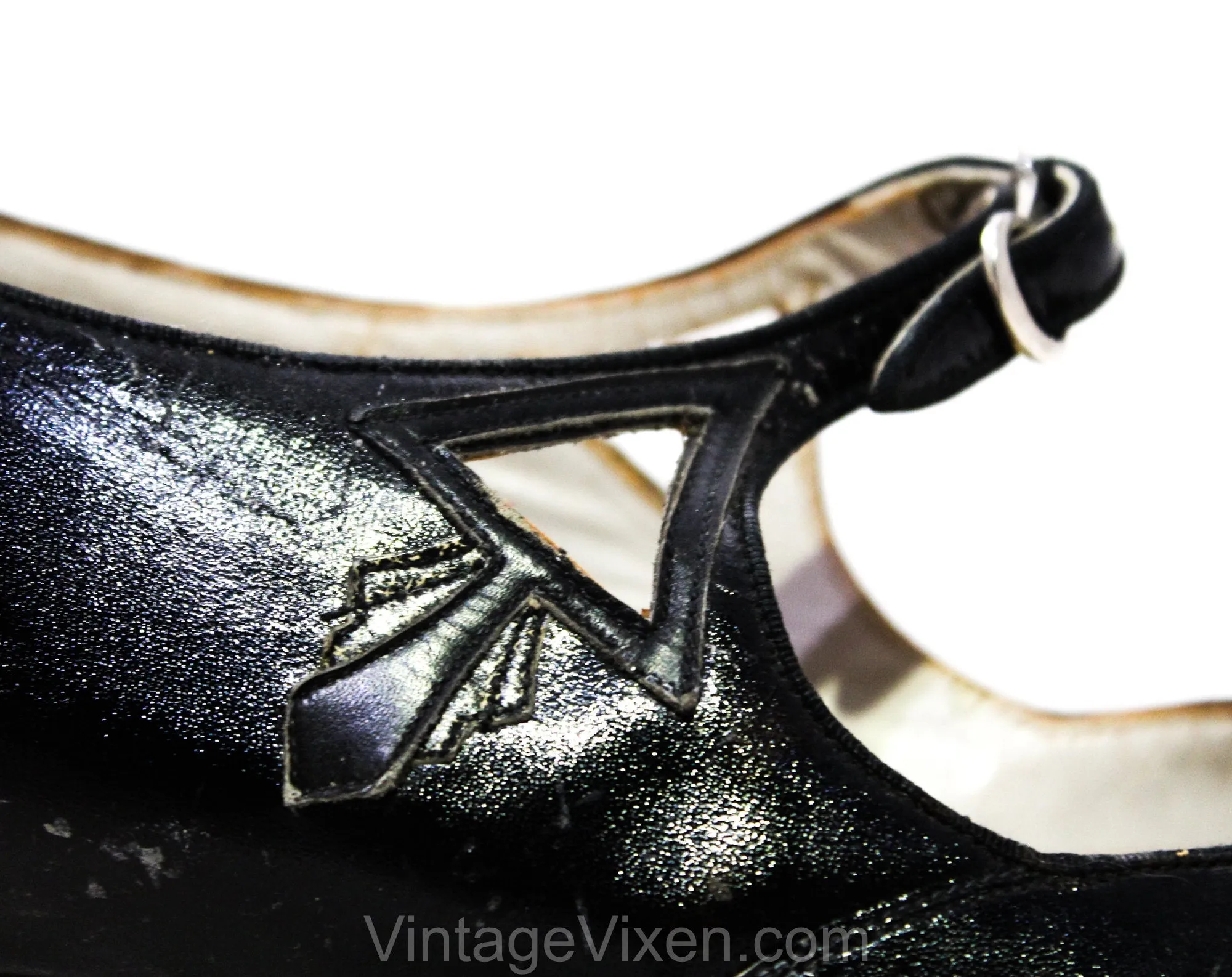 As Is Deco 1920s Shoes with Cutwork - Size 5.5 Authentic 20s 30s Black Leather Pumps - Cutouts & Triangle Open Sides - Rare NOS Deadstock