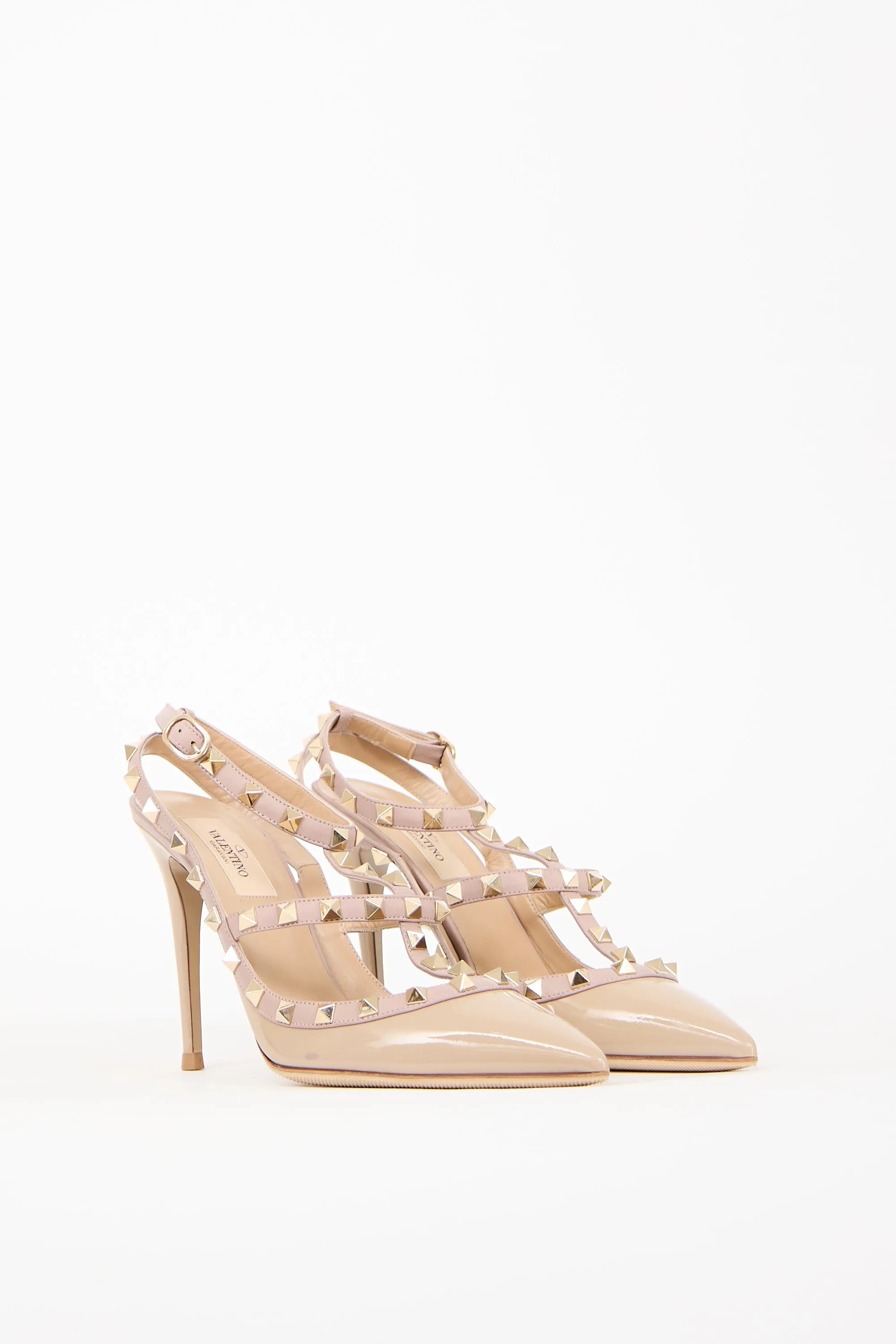Beige Patent Leather Rockstud Caged Heel