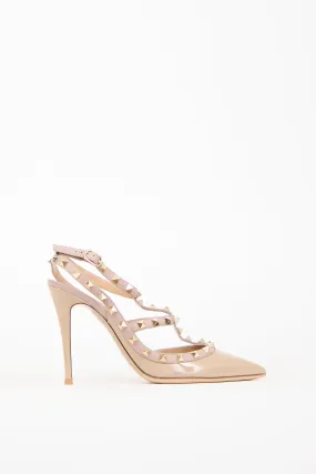 Beige Patent Leather Rockstud Caged Heel