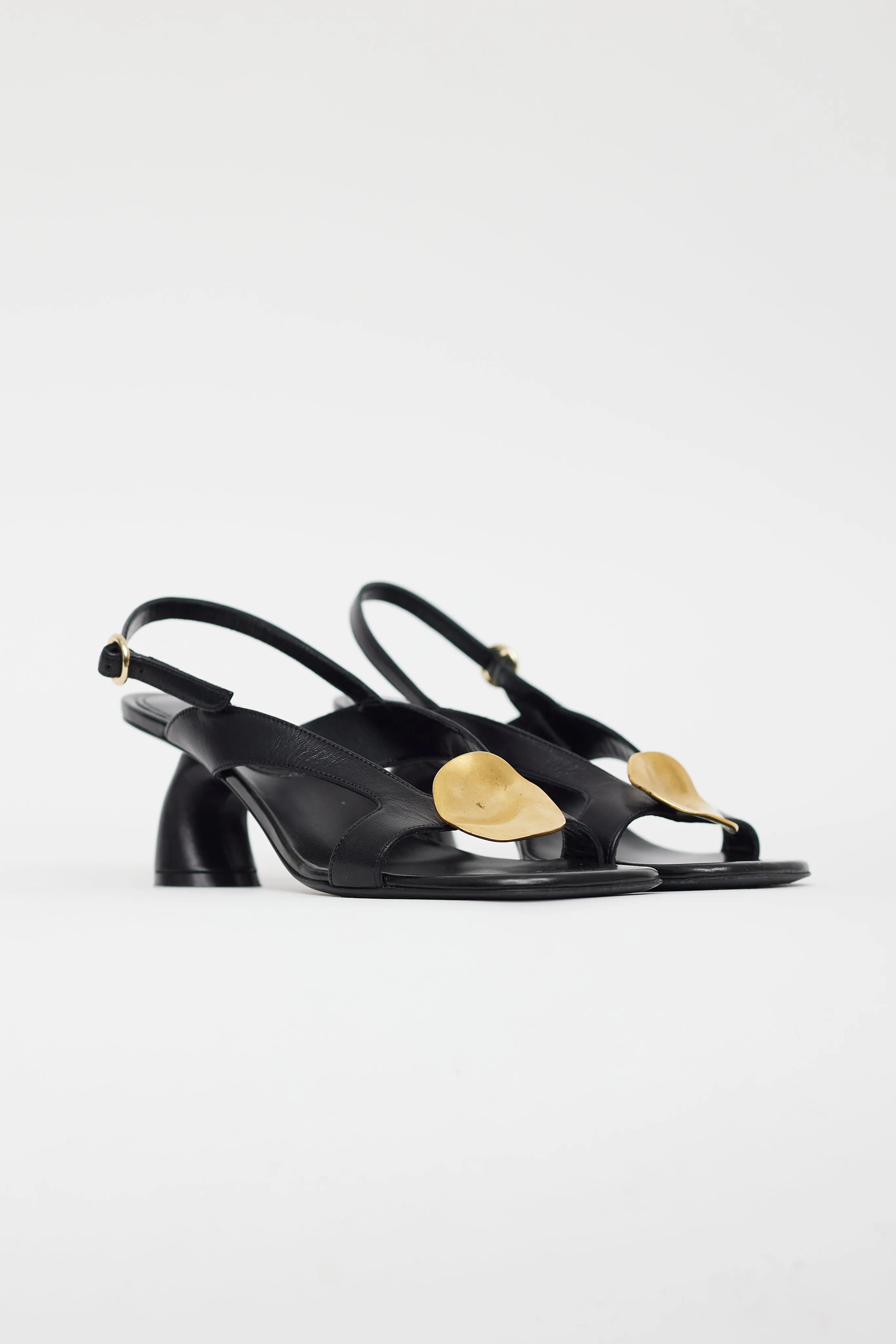 Black Leather Gold Circle Sandal