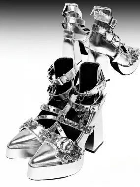 Gothic Silver Cross Heart Buckle Straps Stud Platform High Block Heels