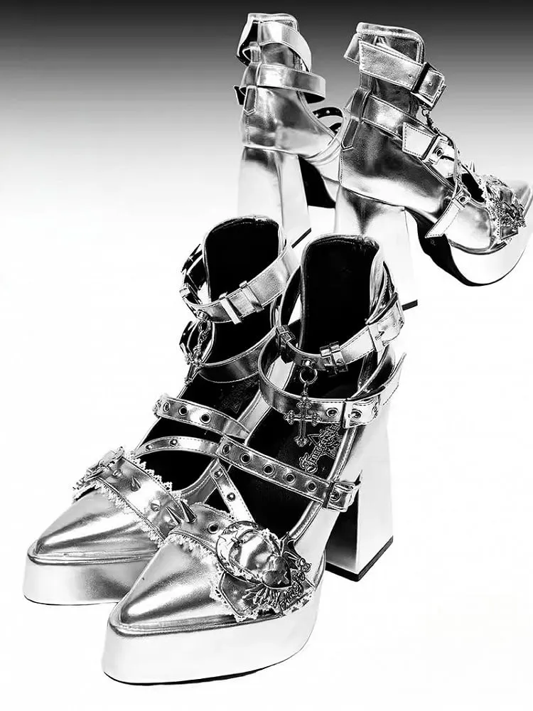 Gothic Silver Cross Heart Buckle Straps Stud Platform High Block Heels
