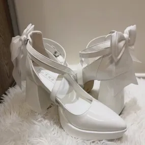 Gothic White Detachable Bowknot Crisscross Buckle Strap Platform High Block Heels