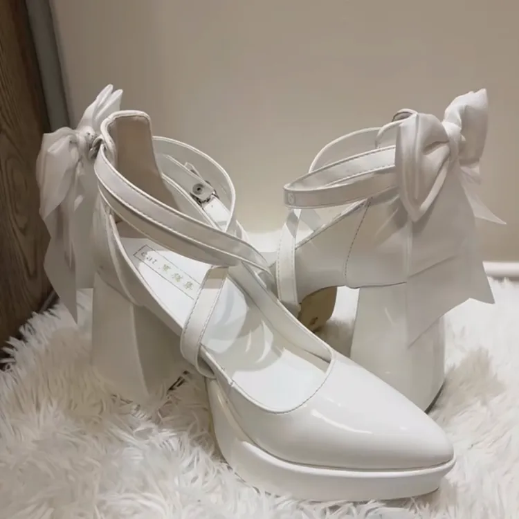 Gothic White Detachable Bowknot Crisscross Buckle Strap Platform High Block Heels