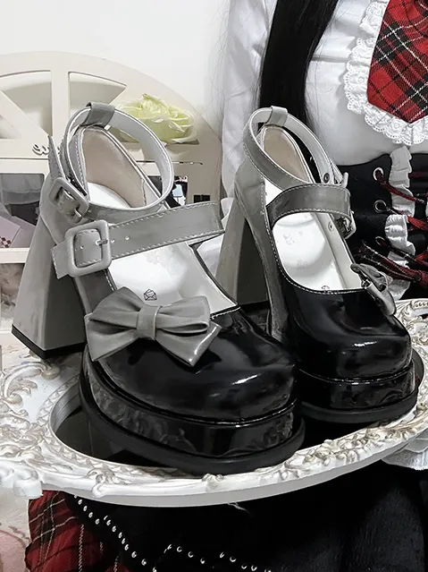 Gradient Black Detachable Bowknot Platform High Block Heels Lolita Shoes