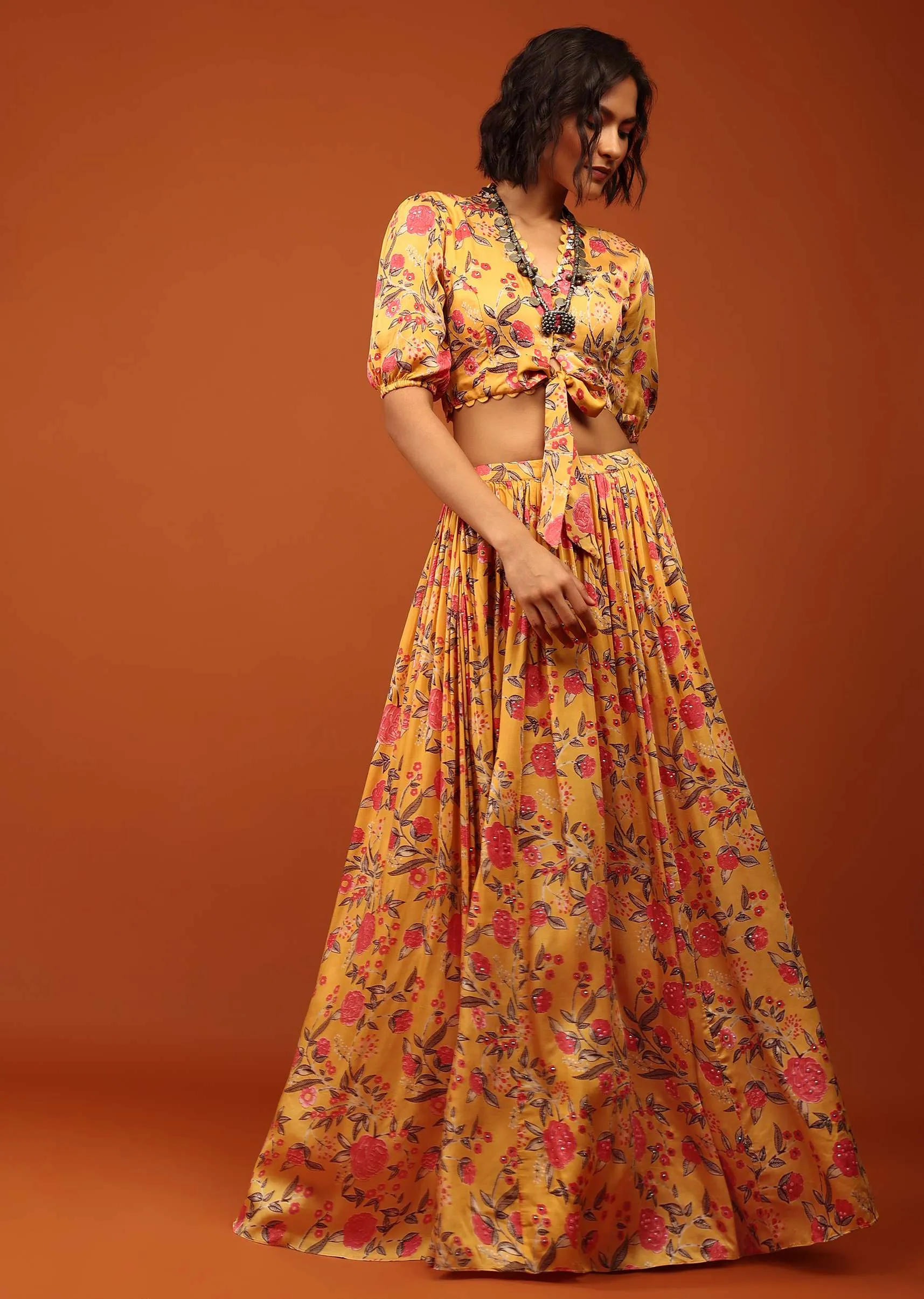 Honey Yellow Blouse And Lehenga In V Neckline & Balloon Sleeves With Embellishment