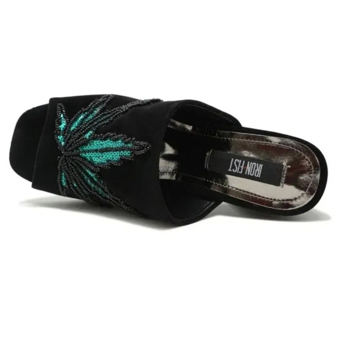 Iron Fist Women's Open Toe Black Velvet Mary Jane Block Heel Mules
