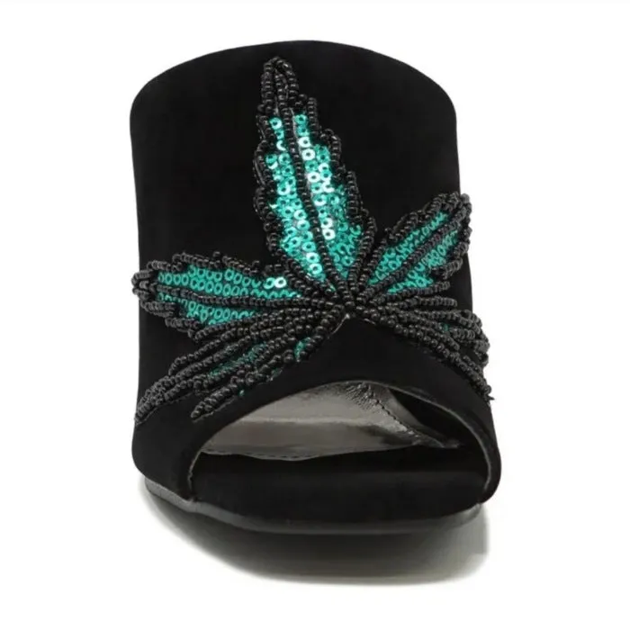 Iron Fist Women's Open Toe Black Velvet Mary Jane Block Heel Mules