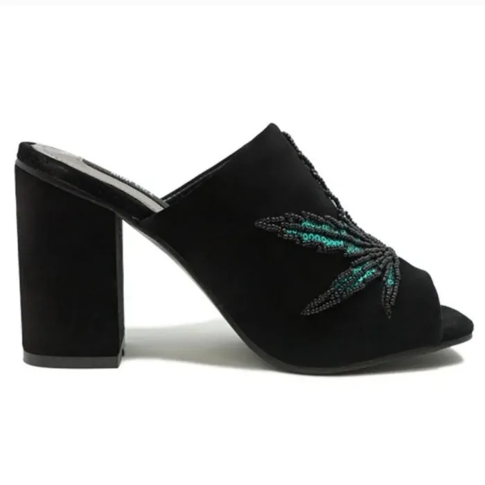 Iron Fist Women's Open Toe Black Velvet Mary Jane Block Heel Mules