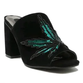 Iron Fist Women's Open Toe Black Velvet Mary Jane Block Heel Mules
