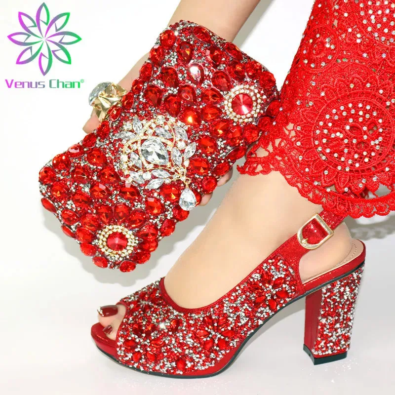 Ladies' Italian Shoes and Bag Set Decorated with Rhinestone