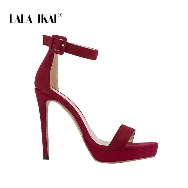 LALA IKAI Femmes Sandales Sexy À Talons Hauts Élégant Flock Plate Boucle Strap Sangle Ouvert Toe Pumps Parti Chaussures De Mariage Chaussures 014C1339 -49