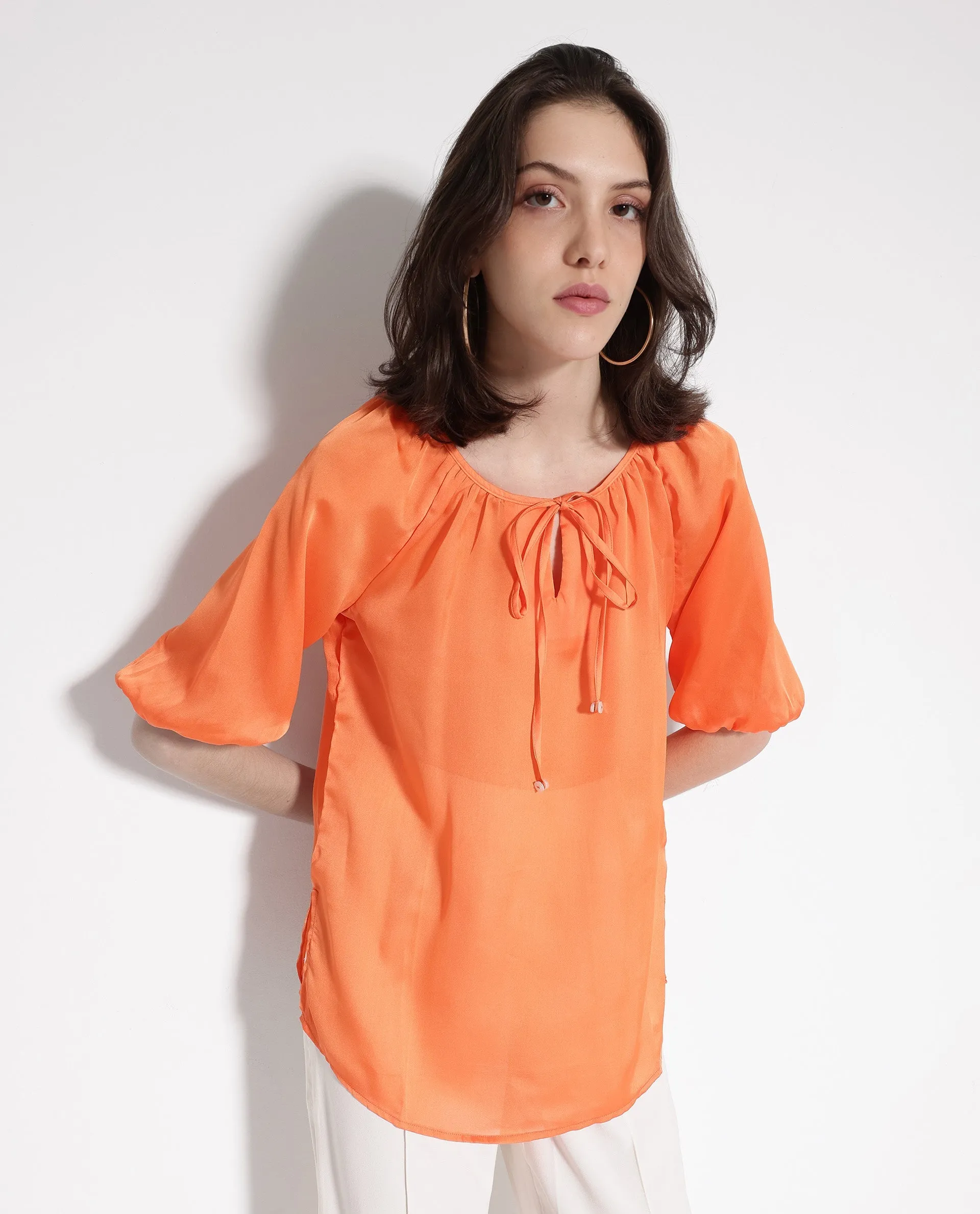 Rareism Women Maleda Orange Polyester Fabric Noodle Strap  Mini Cropped Solid Top
