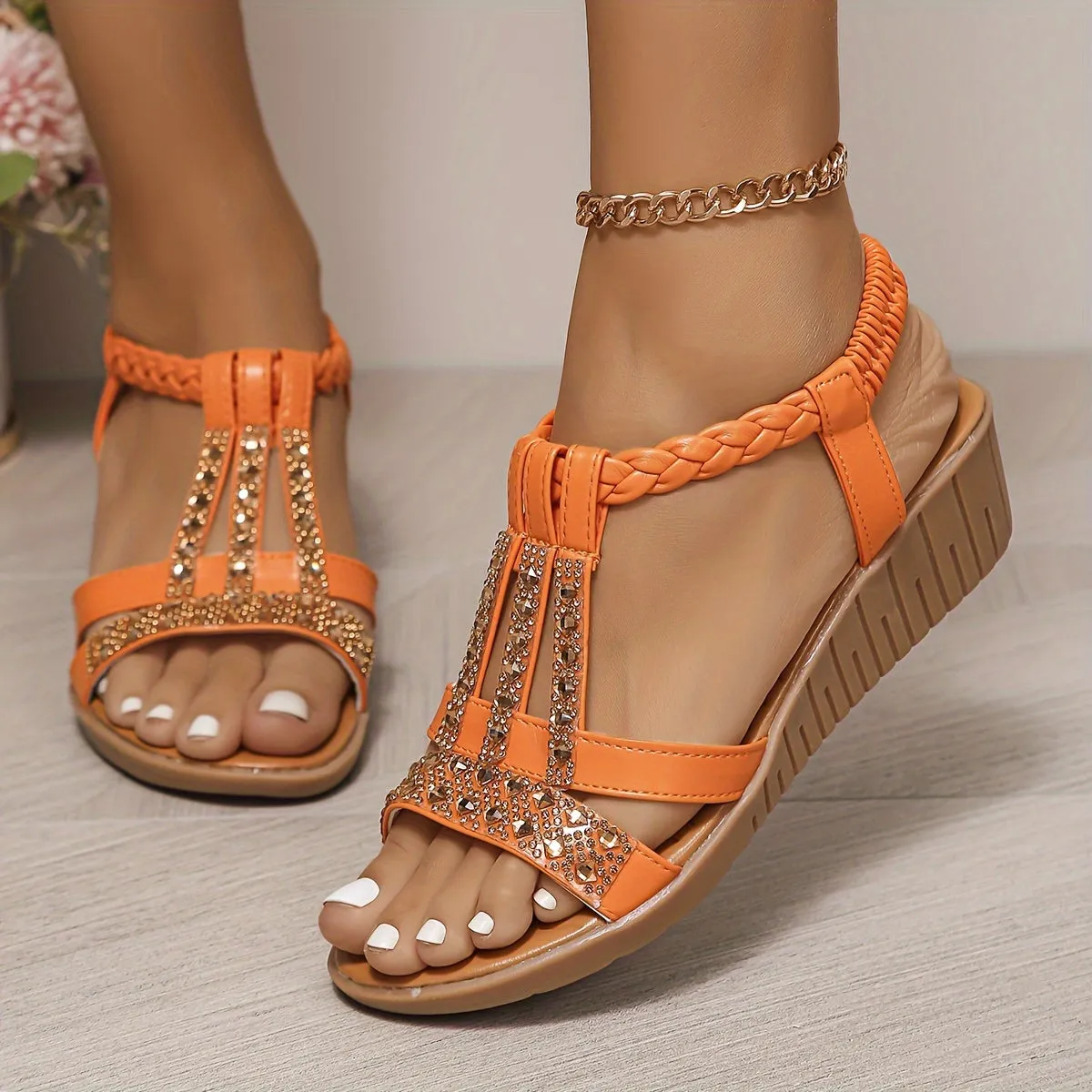 Rhinestone Women Ergonomics Ankle Elastic Strap Platform Summer Wedge Sandals