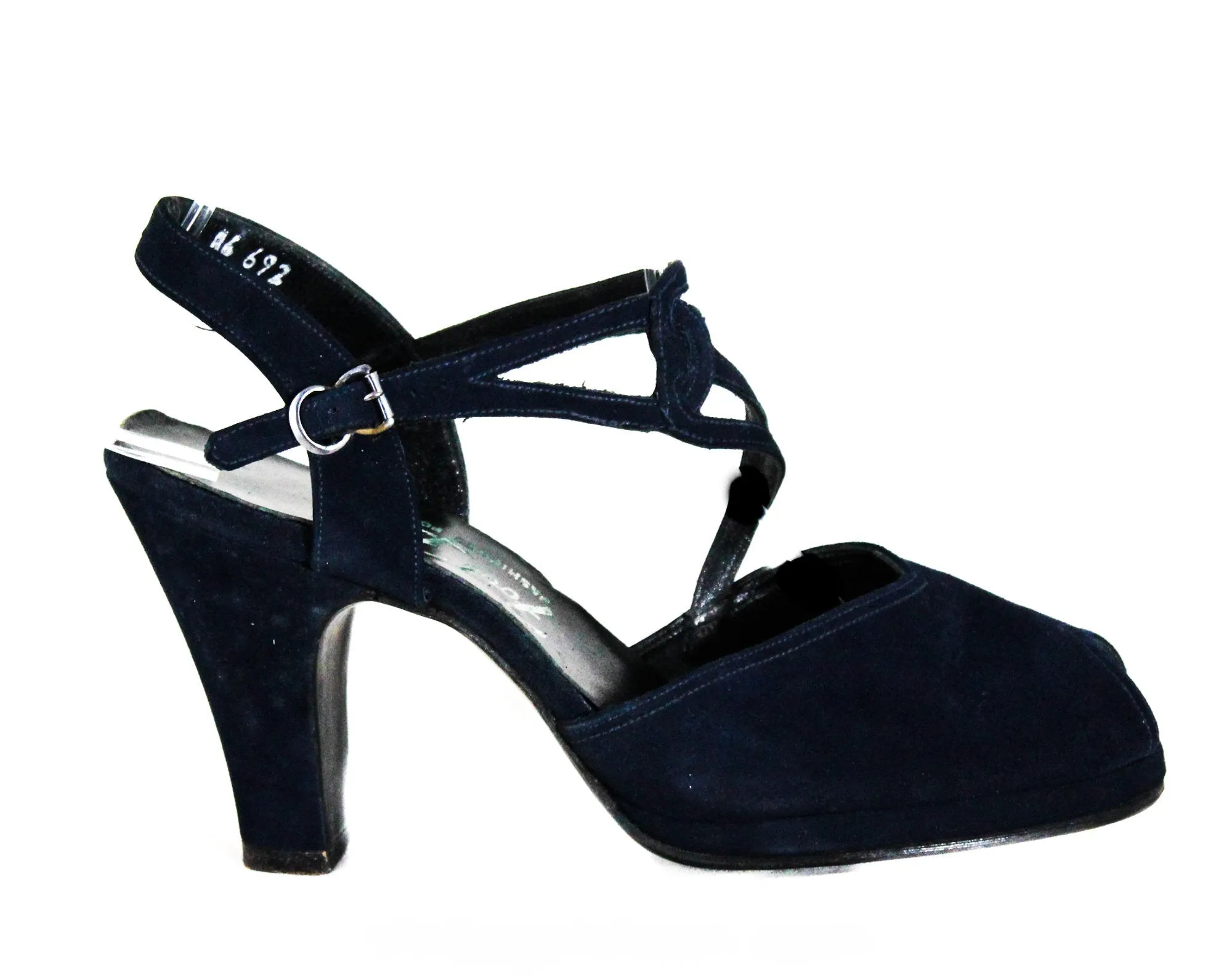 Size 5 1/2 1940s Platform Shoes - Chic Navy Blue Suede Pumps - Beautiful Asymmetric Dovetailed Straps - 40s Pin Up Goddess - NOS Deadstock