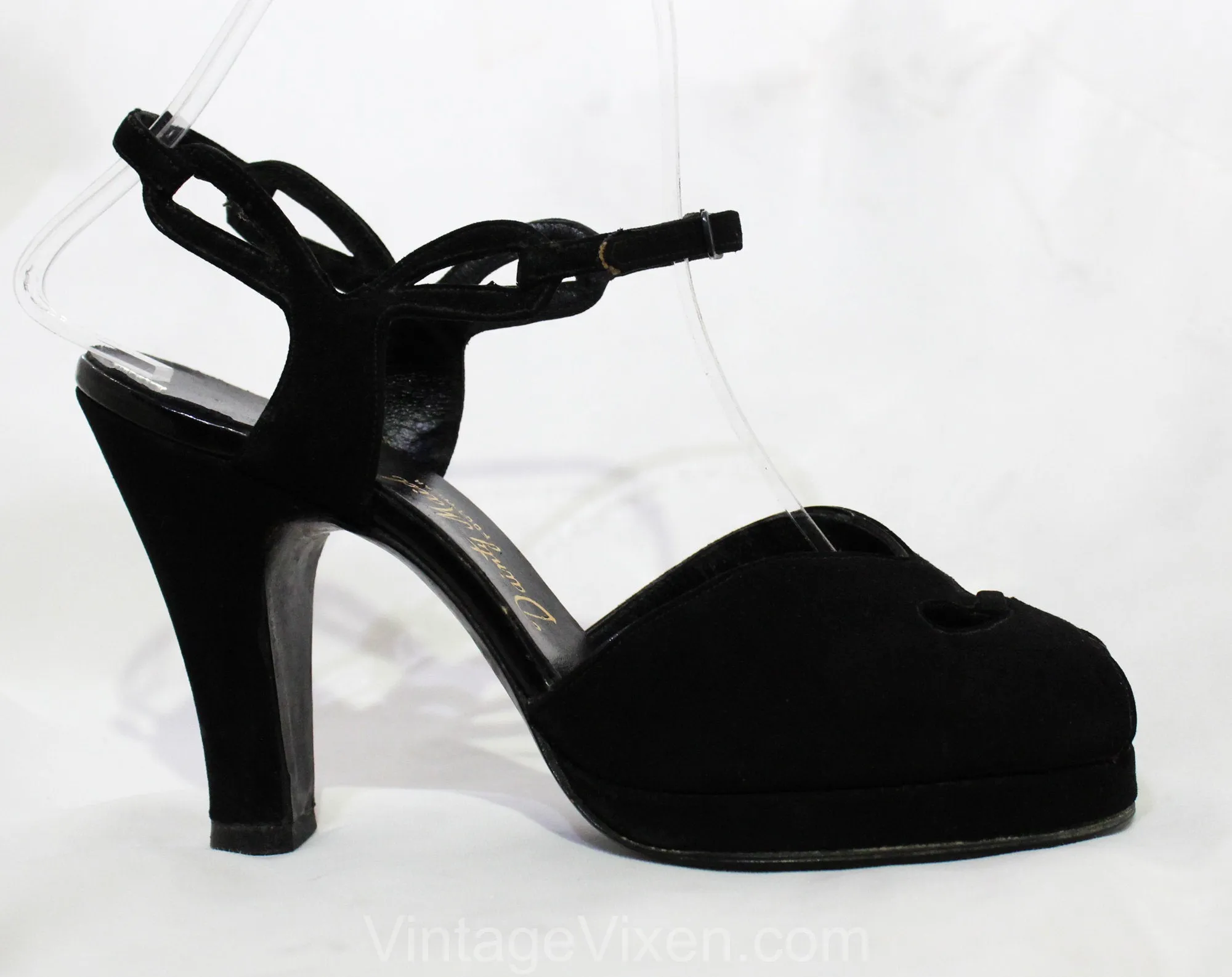Size 5 1940s Shoes - Glam Black Suede Platforms with Chain-Link Strap Cutouts - 5B 40s High Heels - NOS Deadstock - Mint Condition