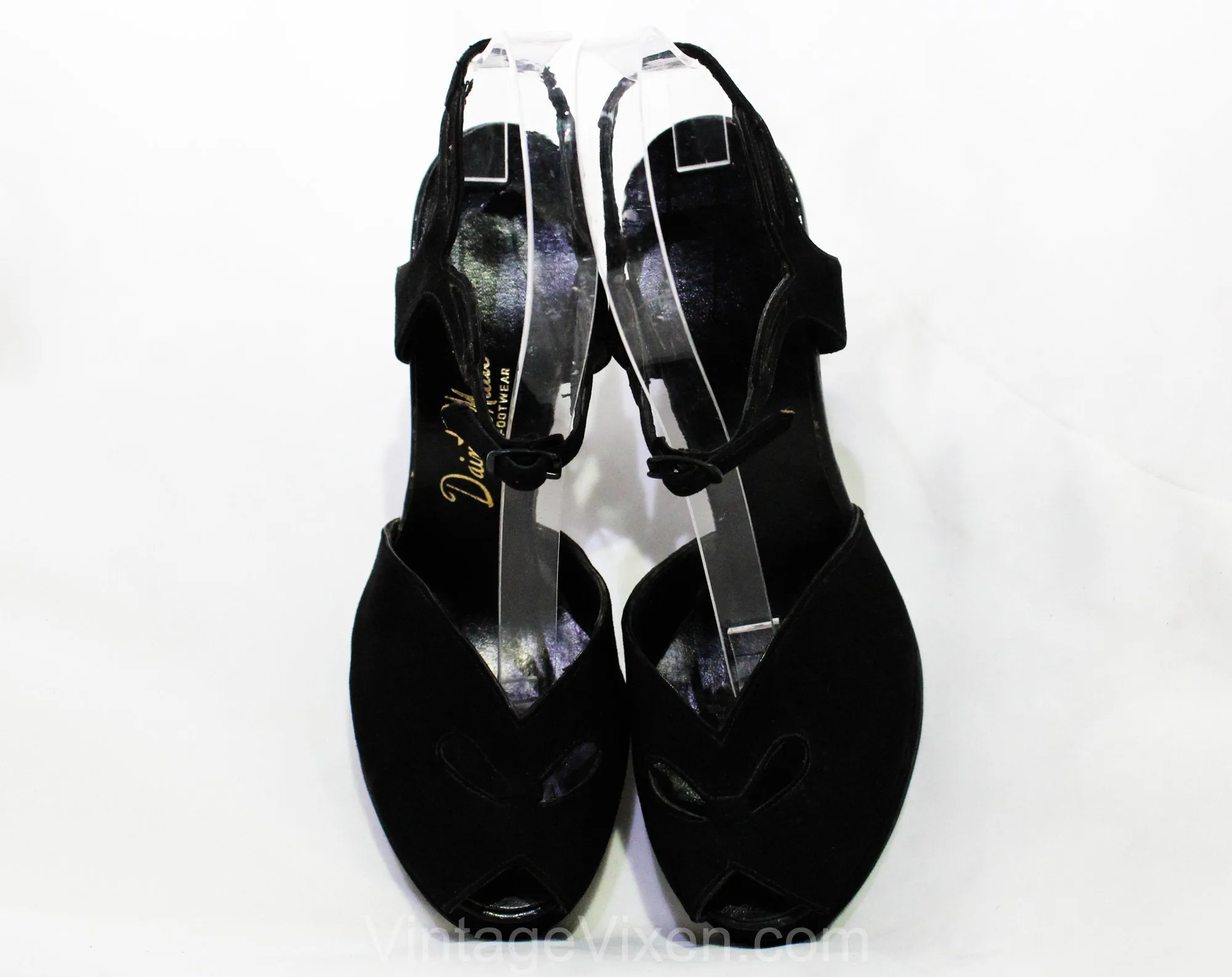 Size 5 1940s Shoes - Glam Black Suede Platforms with Chain-Link Strap Cutouts - 5B 40s High Heels - NOS Deadstock - Mint Condition