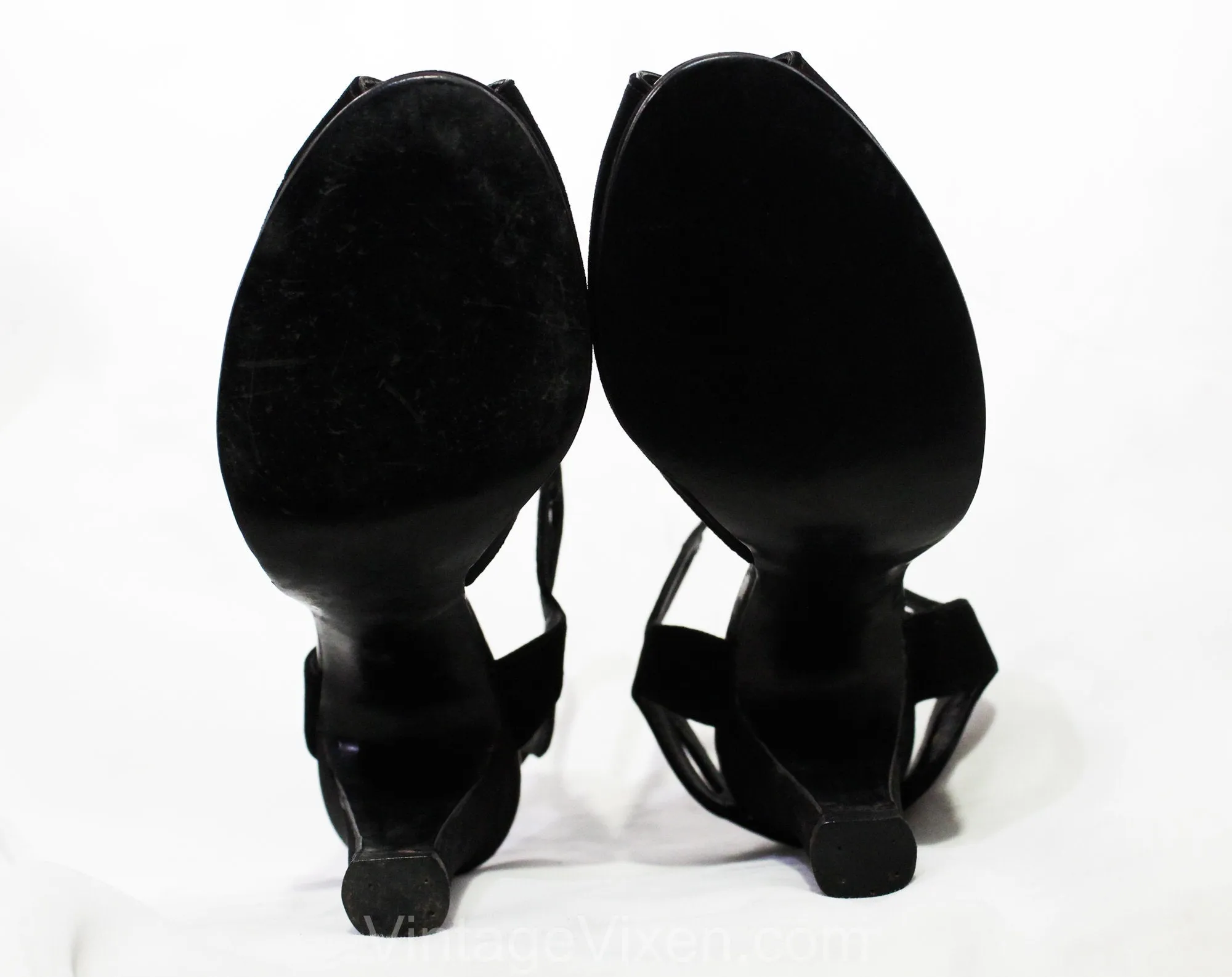 Size 5 1940s Shoes - Glam Black Suede Platforms with Chain-Link Strap Cutouts - 5B 40s High Heels - NOS Deadstock - Mint Condition