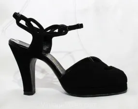 Size 5 1940s Shoes - Glam Black Suede Platforms with Chain-Link Strap Cutouts - 5B 40s High Heels - NOS Deadstock - Mint Condition