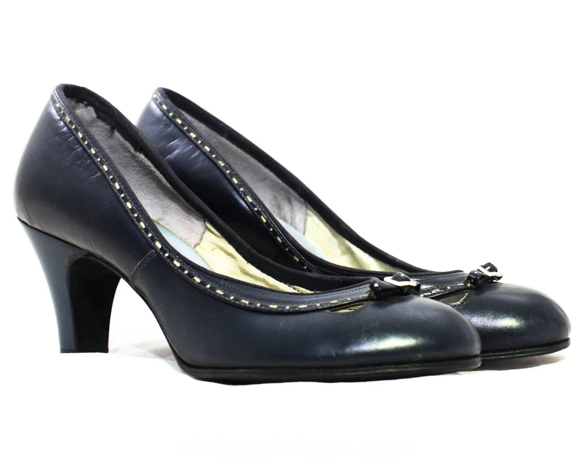 Size 5 Navy 1940s Shoes - Dark Blue 40s 50s Heels - Round Toe Pumps - Sexy Pin Up Girl Next Door - 1950s Swing Era Leather NOS Deadstock