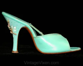 Size 6 Rare Shoes - Aqua Blue 1950s Spring-o-lator Heels with Hand Painted Seashell Detail - Sexy 50s Summer Beach Springolators - 6A Narrow