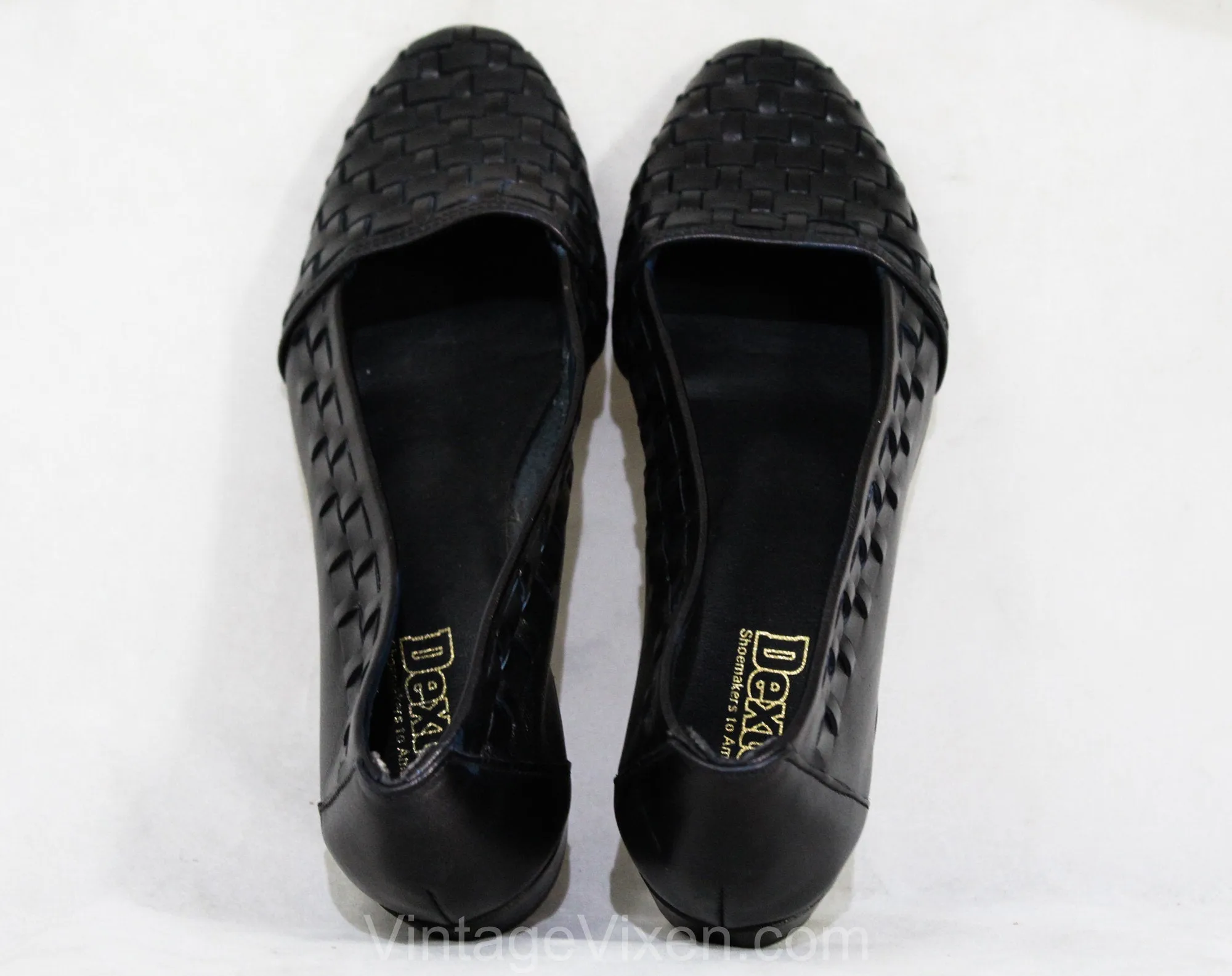 Size 6.5 Leather Shoes - Boho Black Huarache Style Design - 1990s Nearly Navy Blue Woven Lattice Pumps - Made in USA - 90s Deadstock 6 1/2 M