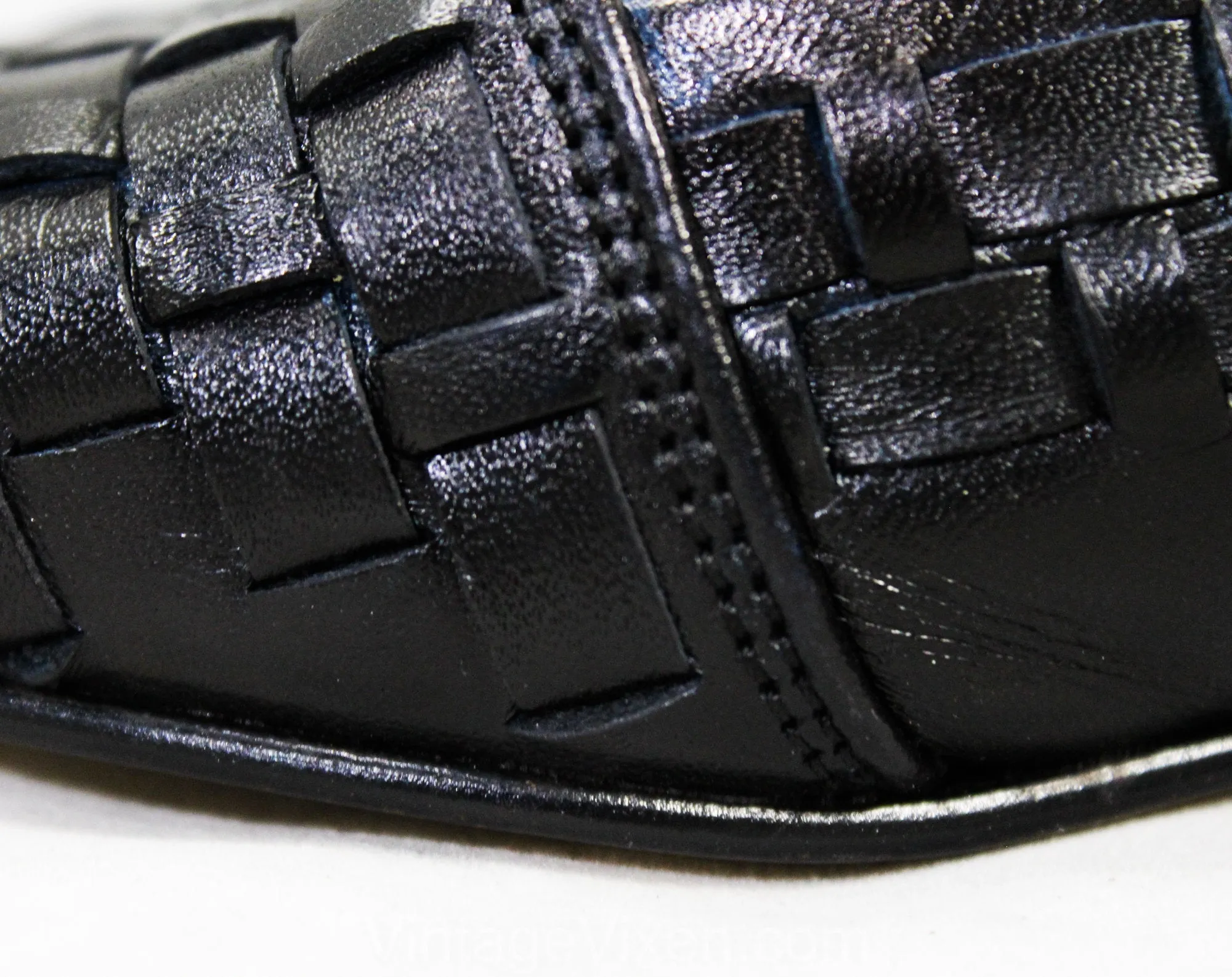 Size 6.5 Leather Shoes - Boho Black Huarache Style Design - 1990s Nearly Navy Blue Woven Lattice Pumps - Made in USA - 90s Deadstock 6 1/2 M