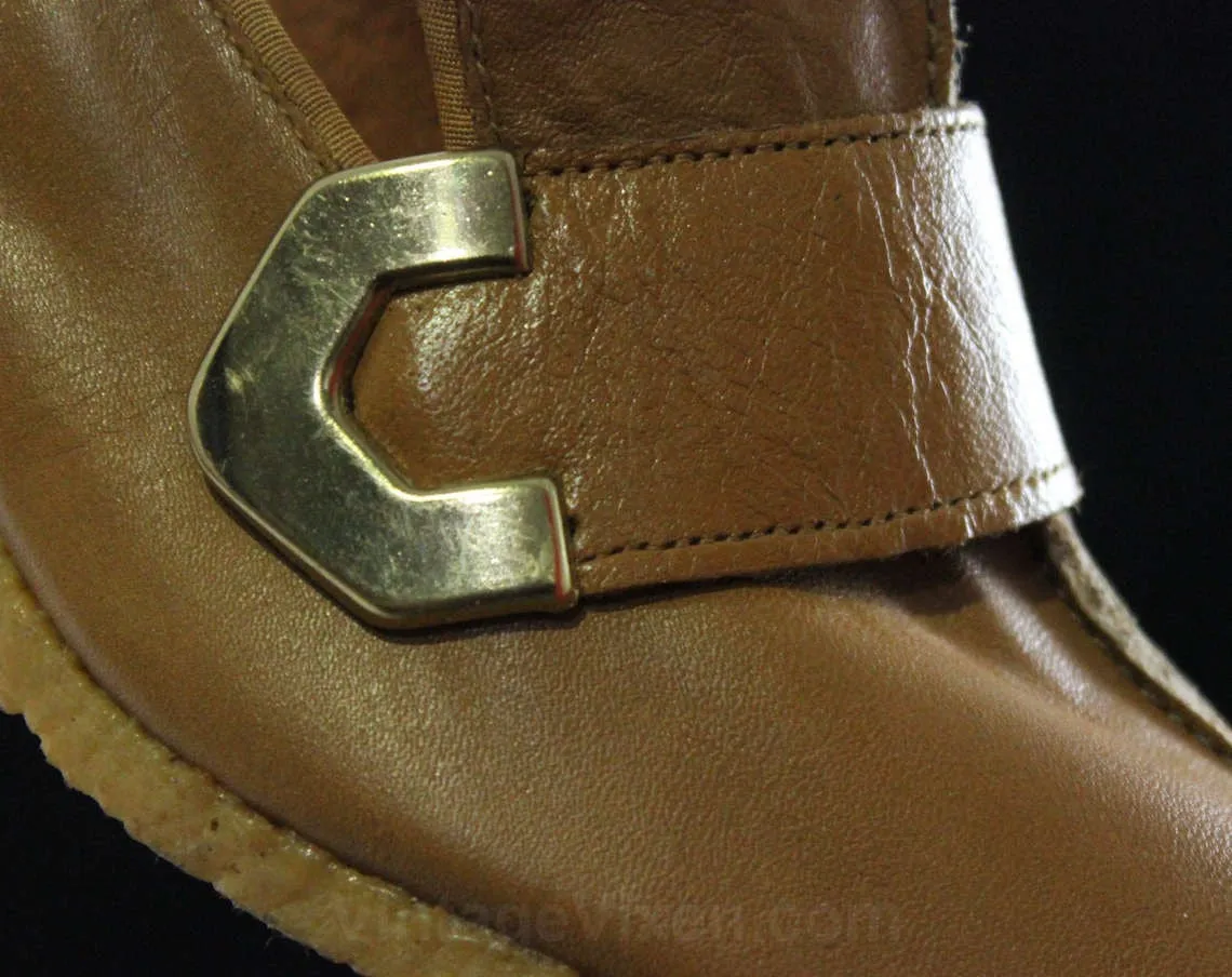 Size 8 Leather Shoes - Unworn 1960s Light Brown Loafer Style Shoe - Caramel Tan - Faux Buckles - 60s Mod Deadstock - 8N Narrow - Charm Step