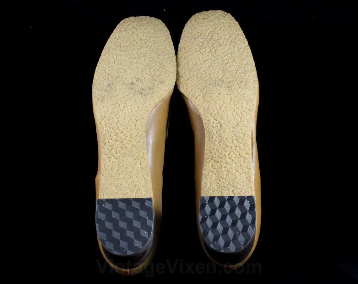 Size 8 Leather Shoes - Unworn 1960s Light Brown Loafer Style Shoe - Caramel Tan - Faux Buckles - 60s Mod Deadstock - 8N Narrow - Charm Step