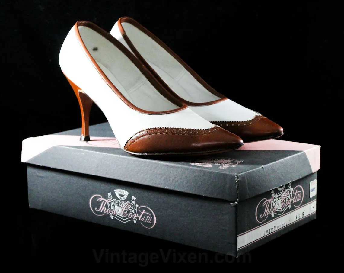 Size 8.5 Spectator Stilettos - Unworn Deadstock Shoe - Size 8 1/2 Two Tone Brown 1950s High Heels - Pointed Toes - NOS 4 Inch Slender Heels