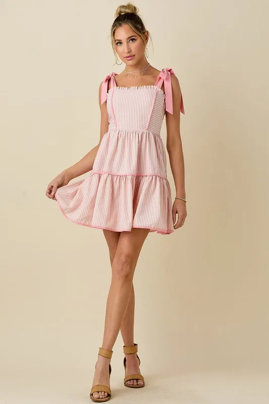 Stripe mini dress with ribbon shoulder strap
